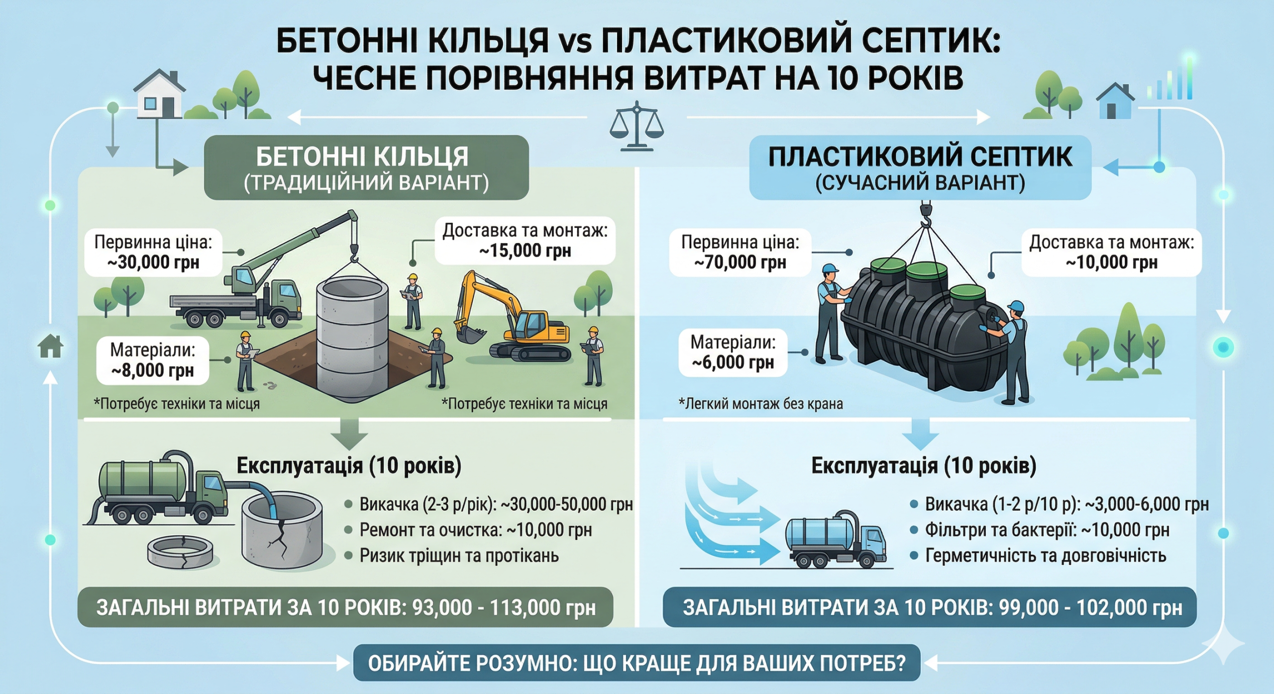 Бетонні кільця vs Пластиковий септик: чесне порівняння витрат на 10 років